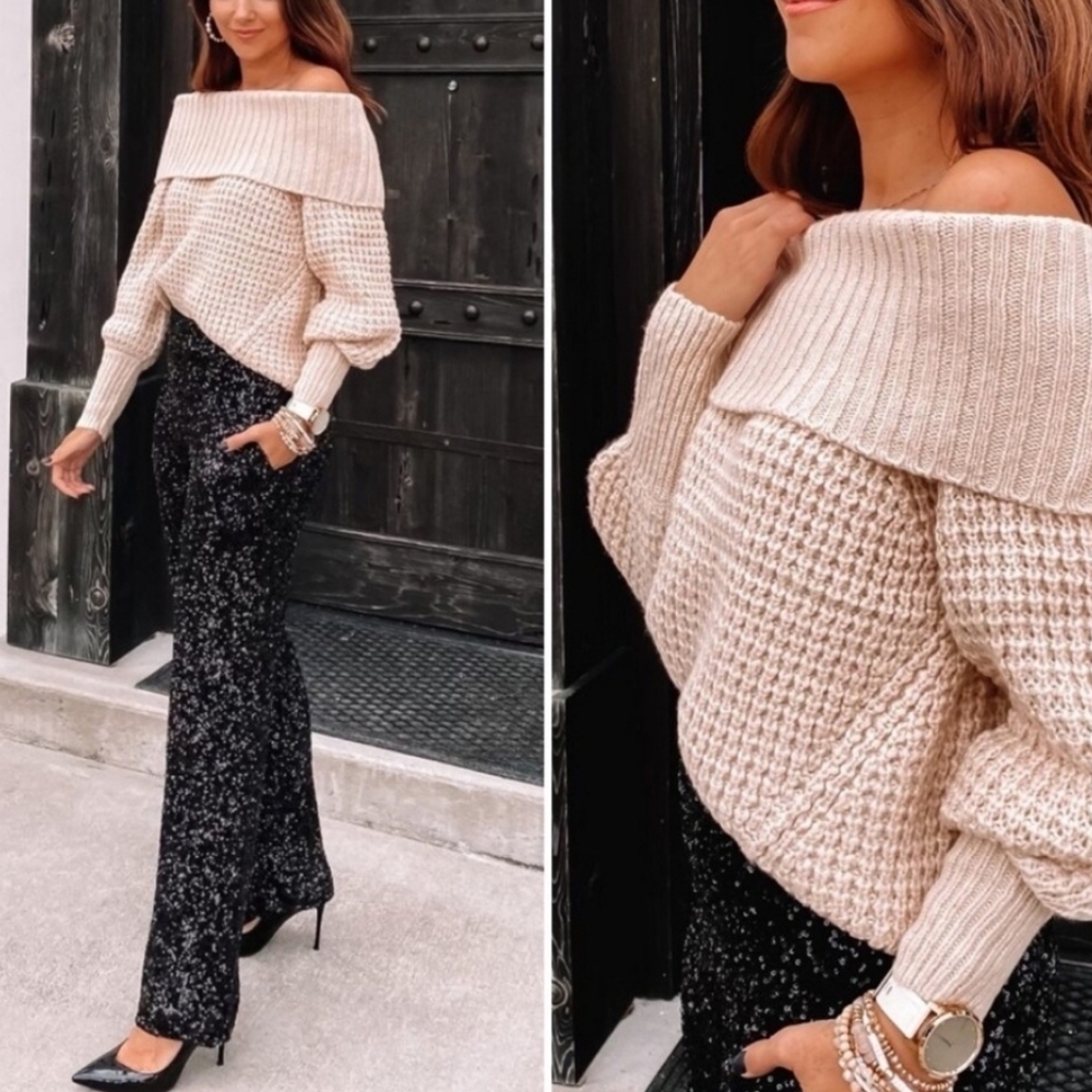 EXPRESS Chunky Knit Off Shoulder Balloon Sleeve Sweater